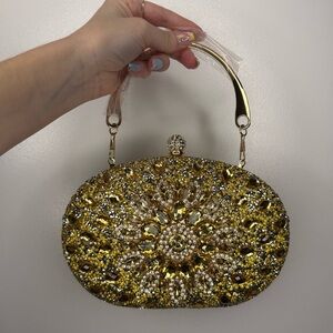 Ramla Gold Beaded and Rhinestone Clutch Evening Bag - NEW